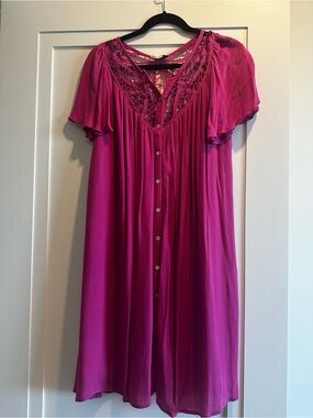 Women’s Fuchsia Button-Front Dress with Crochet Yoke
